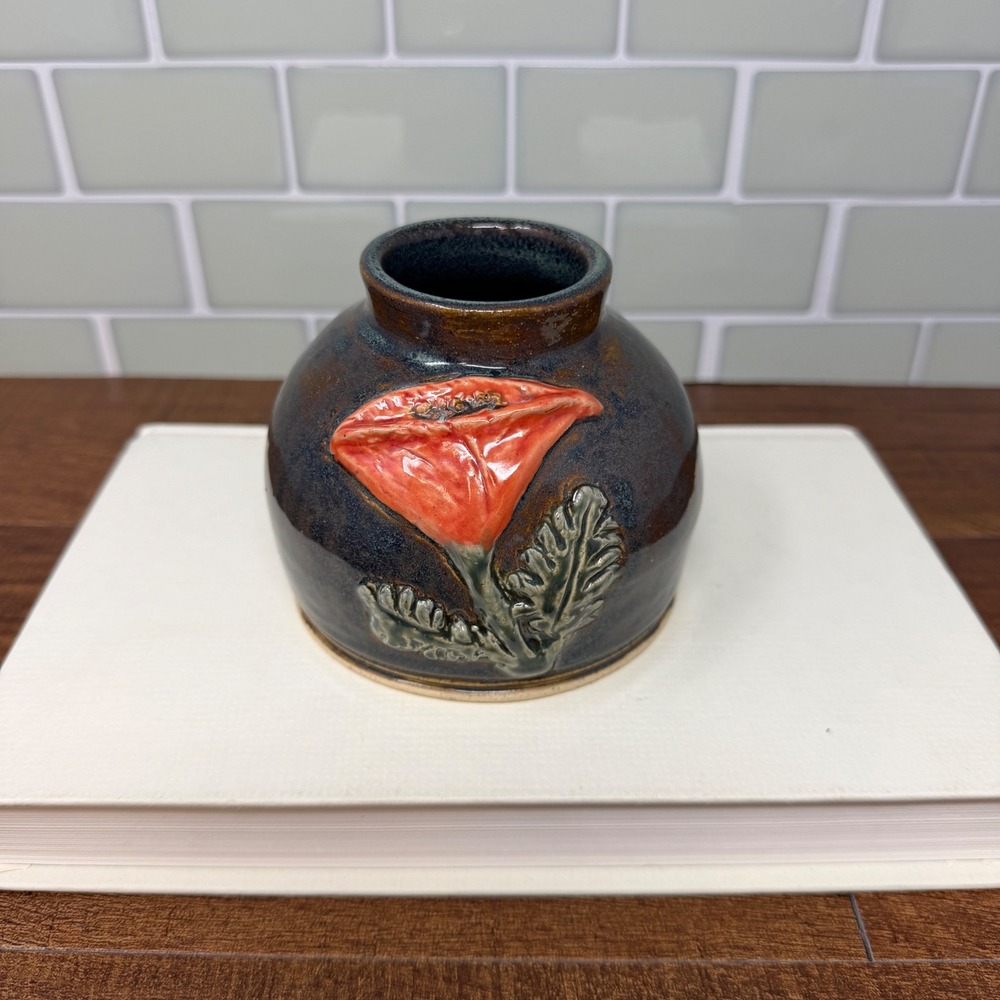 Signed EMS Studio Pottery Poppy Weed Pot Vase Teal Brown Handcrafted 1.25lbs